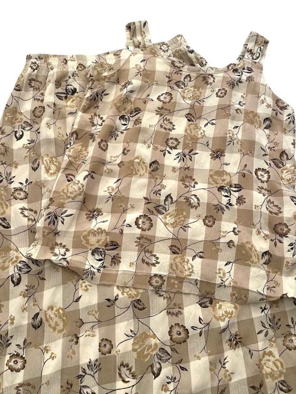 Vintage 90s Amica Tank Top & Maxi Skirt Set M Taupe Gingham Floral Cottagecore